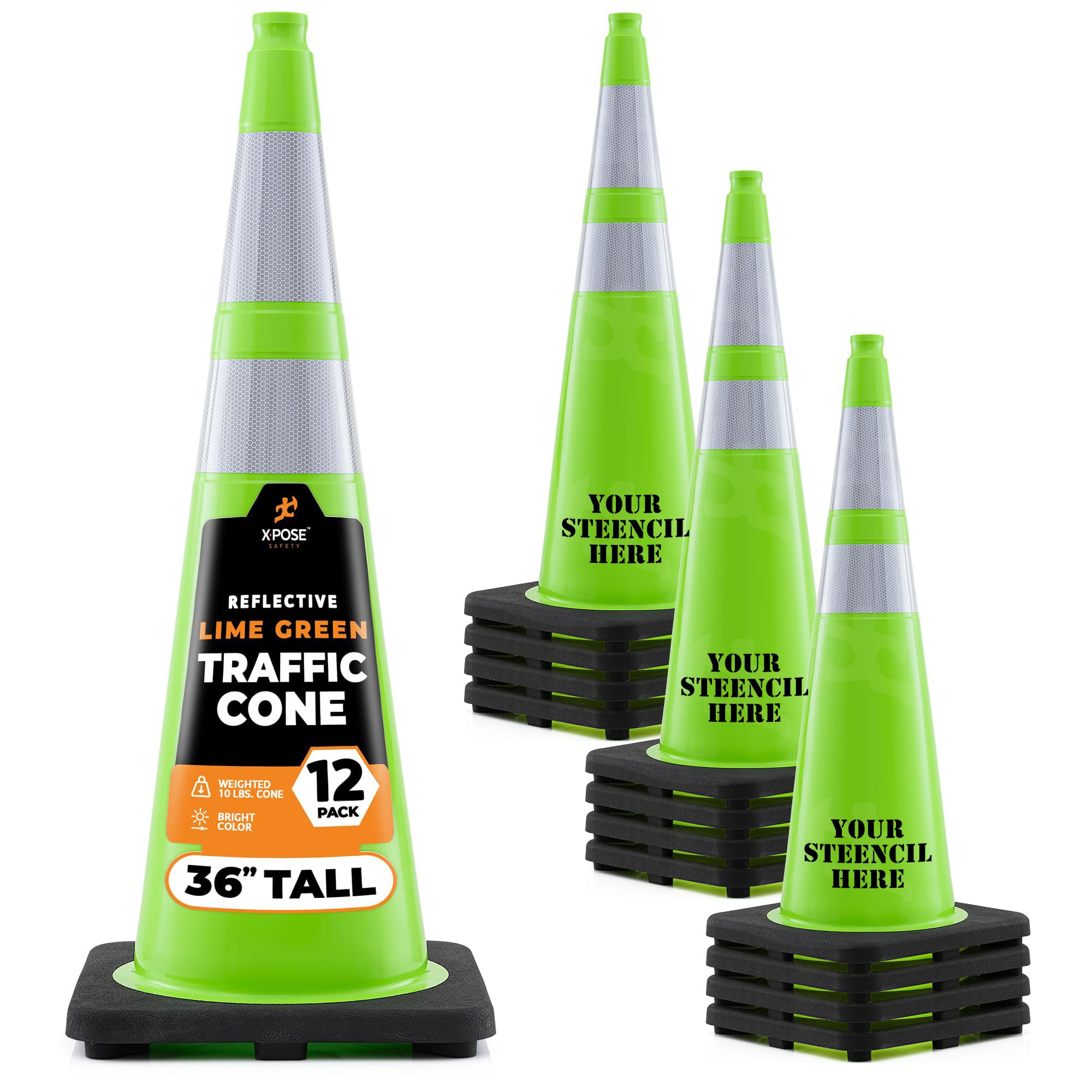 Xpose Safety 36” Lime Green Traffic Cone Dual 6" & 4" Reflective Collar – 12 Pack Multipurpose Premium PVC Safety Cone for Parking, Caution,