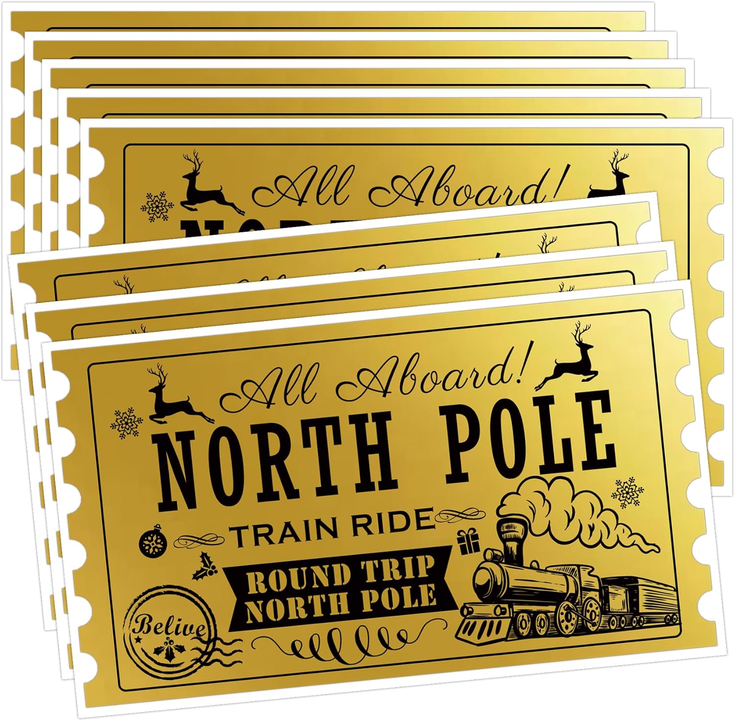 Christmas Gold Foil Believe Train Ticket Stickers Golden
