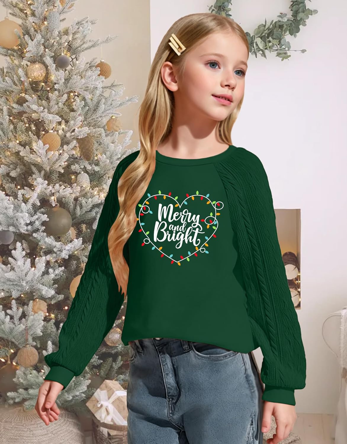 Girls Christmas Sweatshirts for Kids Merry Christmas Casual Cable Knit Long Sleeve Shirts Xmas Tree Tops - Image 4