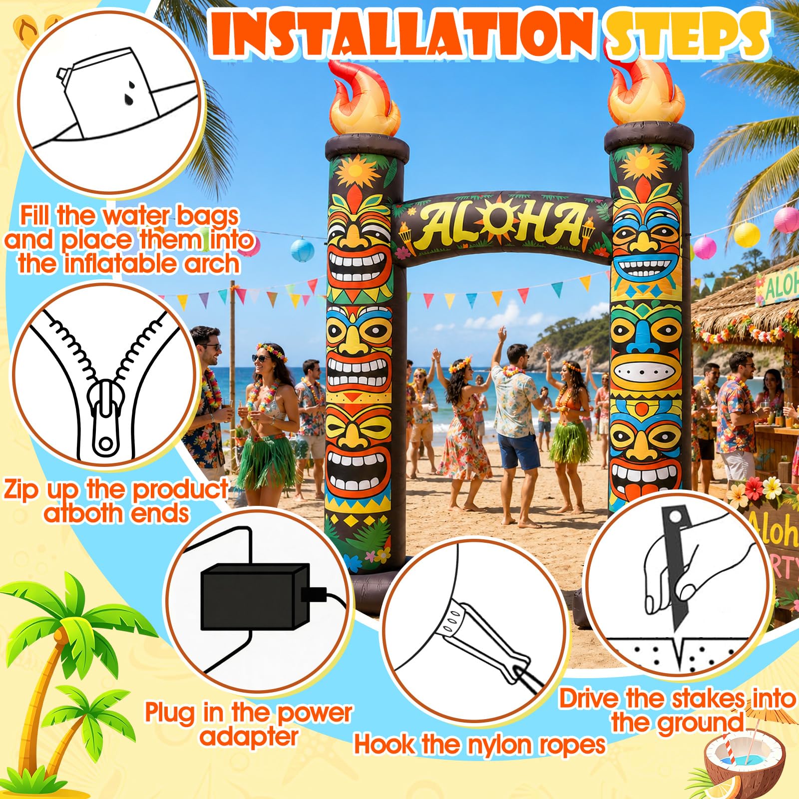 Arche gonflable d'été Tiki de 3 m, décoration d'extérieur géante Aloha Luau avec 6 lumières LED intégrées pour plage, bar, fête d'anniversaire, piscine, terrasse, événement
