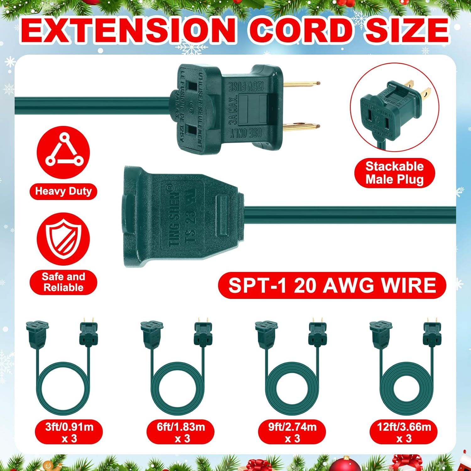 Yunsailing 12 Pack 2 Prong Extension Cords 3ft 6ft 9ft 12ft Assorted Lengths for Christmas Lights Indoor Outdoor 20AWG Polarized Power Extension Cable for Holiday String Lights Decorations(Green)