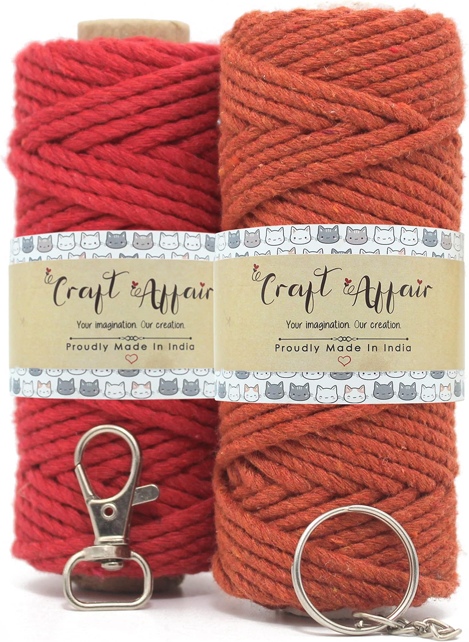 3ply Twisted Cotton Cord (Each Color 20 Meter, 3mm) Free Keyring, Lobster Clasp | Macrame DIY Projects - Rust - Red