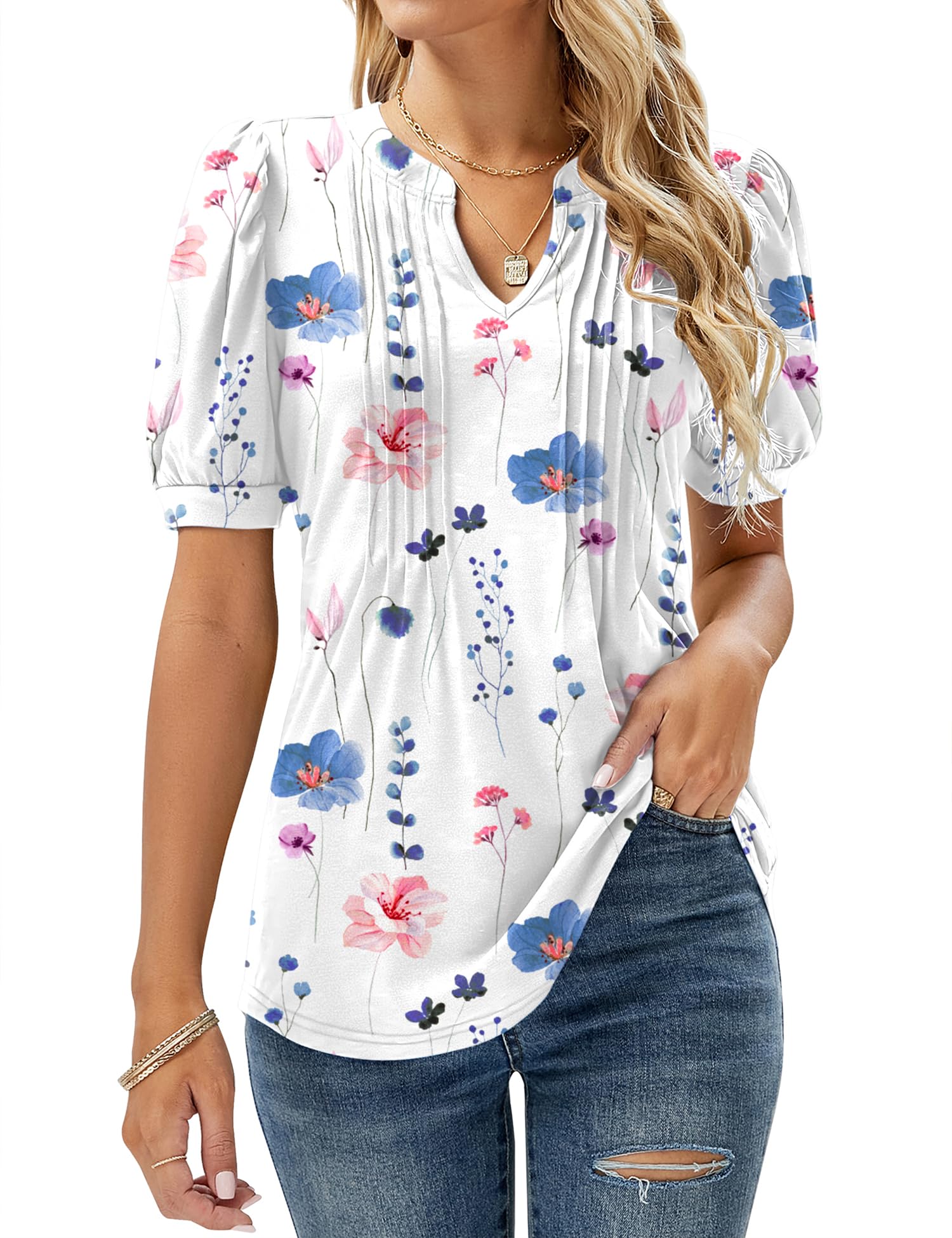 Womens V Neck Tops Puff Short Sleeve T-Shirt Pleated Floral Printed Tunic Blouse Shirts — view 16