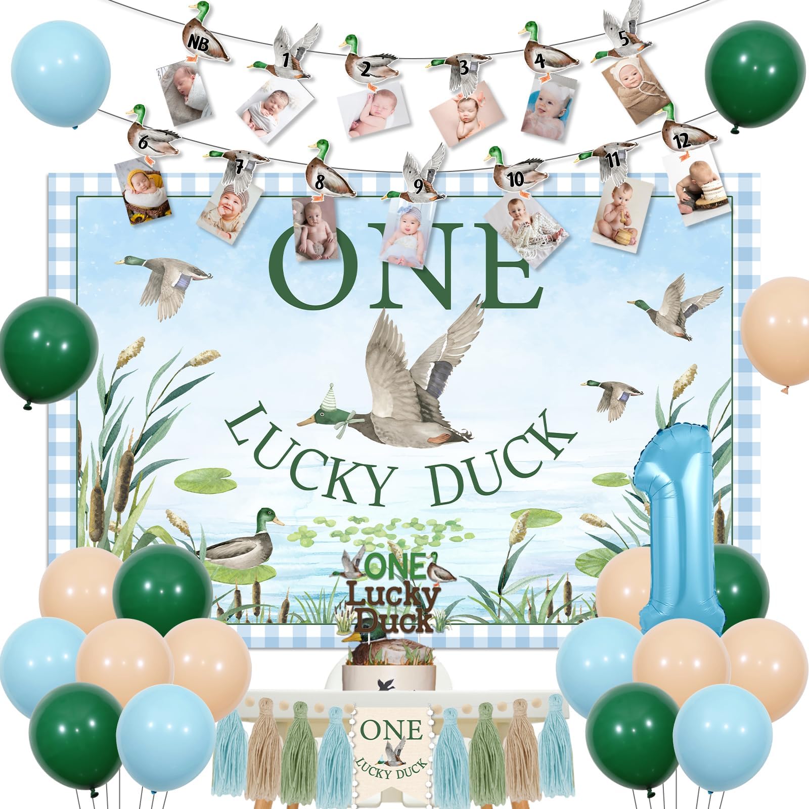 Duck 1st Birthday Decoration One Lucky Duck Birthday Photo Banner Duck Hunting 1st Bday High Chair Banner Mallard Duck Hunt Bday Backdrop Balloon Cake Topper
