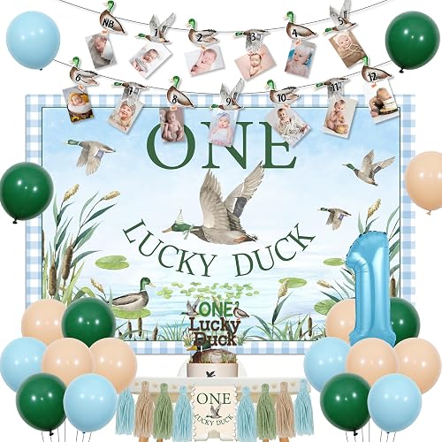 Balterever Duck 1st Birthday Decoration One Lucky Duck Birthday Photo Banner Duc
