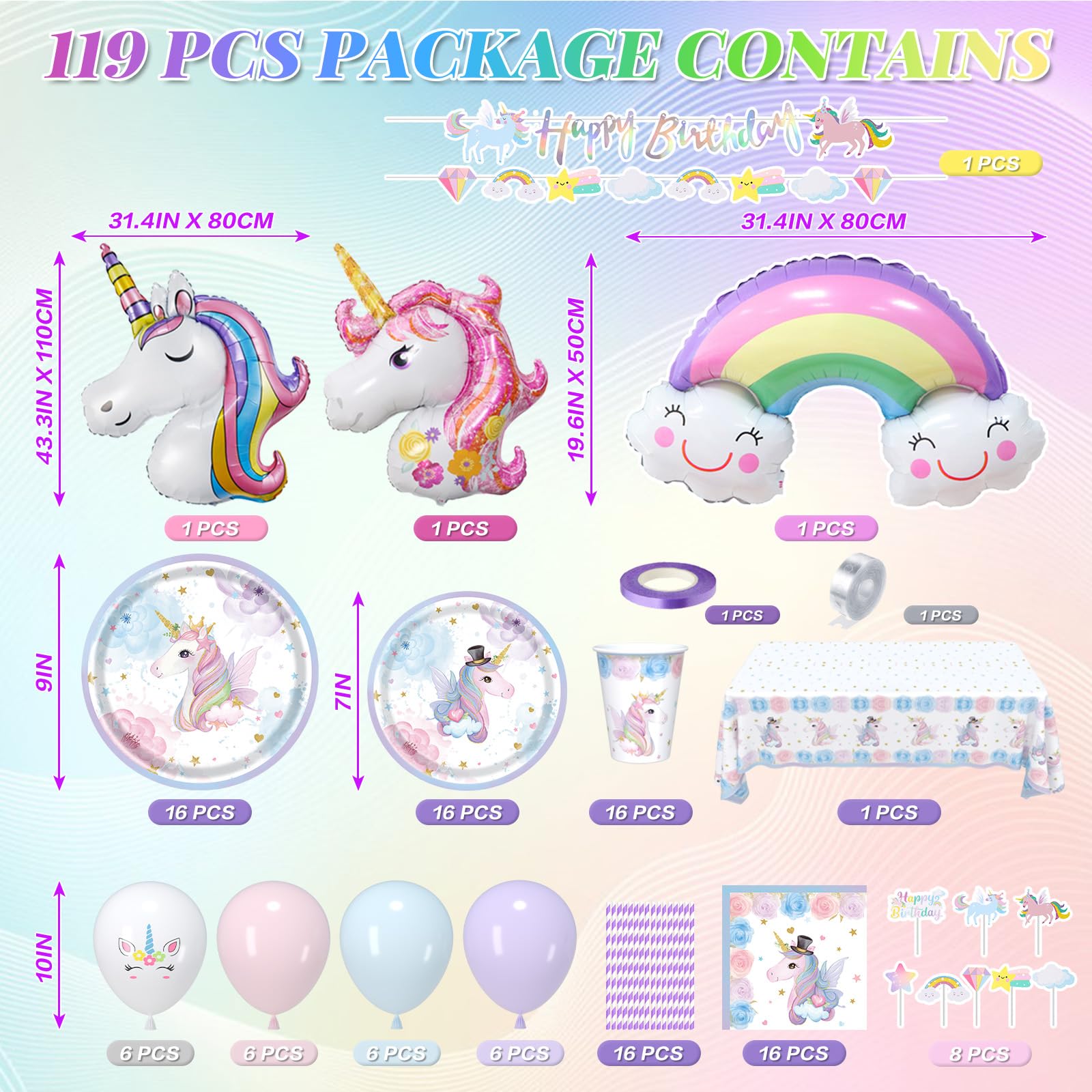 119 pezzi set di stoviglie per feste unicorno, set di piatti di carta con palloncini per feste di compleanno per bambini, decorazione per piatti di carta per feste di compleanno