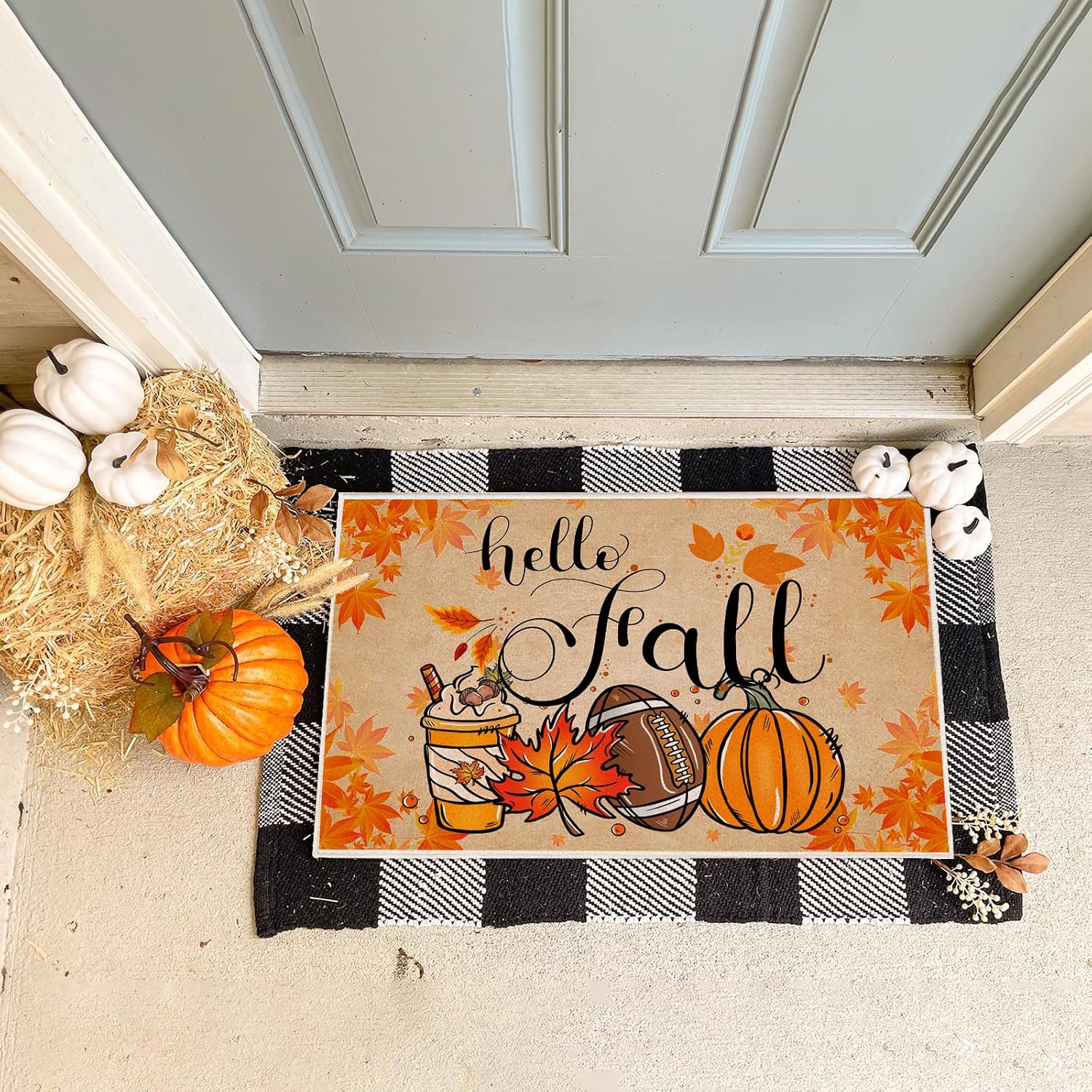 Fall Door Mat, Football Pumpkin Maple Leaves Hello Fall Doormat