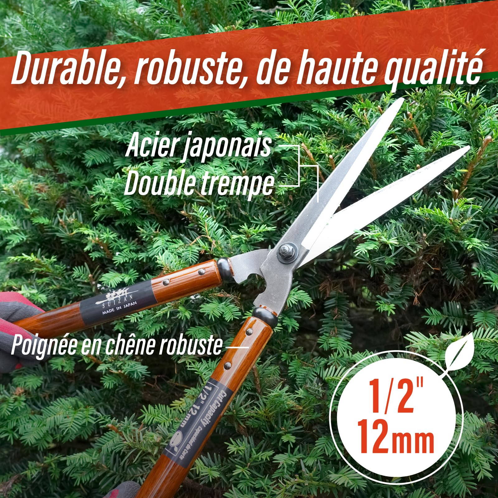 SUIZAN Cisaille à haies 575mm - Sécateur de jardin professionnel japonais à deux mains pour une taille précise