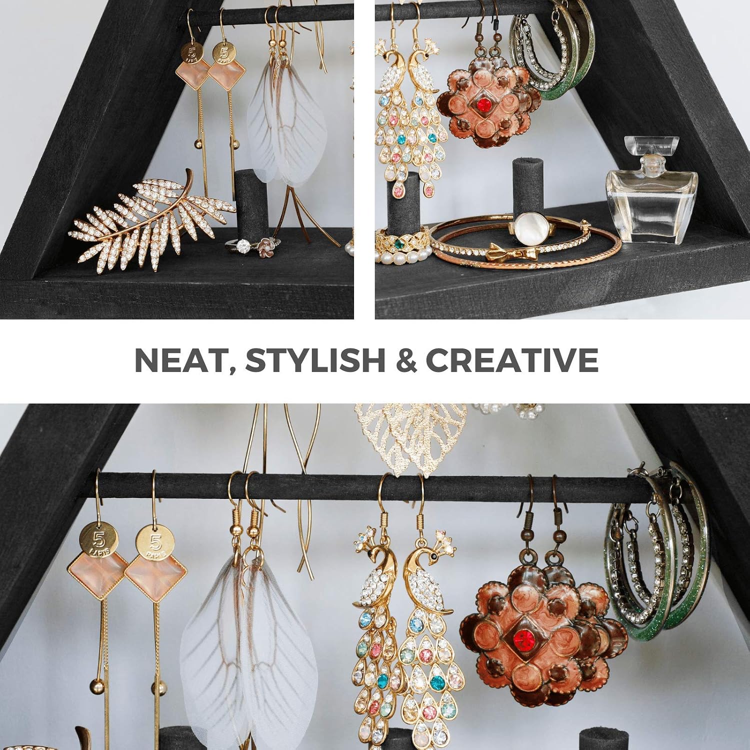Jewelry-Organizer Wall-Mounted, Rustic Hanging Earring Holder - Stylish Triangle Wooden Jewelry Display with Hooks for Rings, Earrings, Necklace and Accessories
