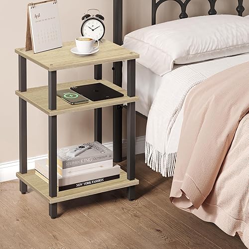Miniatura 6 de TUTOTAK Juego de 2 mesas auxiliares, mesa auxiliar, mesita de noche, estante de almacenamiento de 3 niveles, mesa de sofá para espacio pequeño