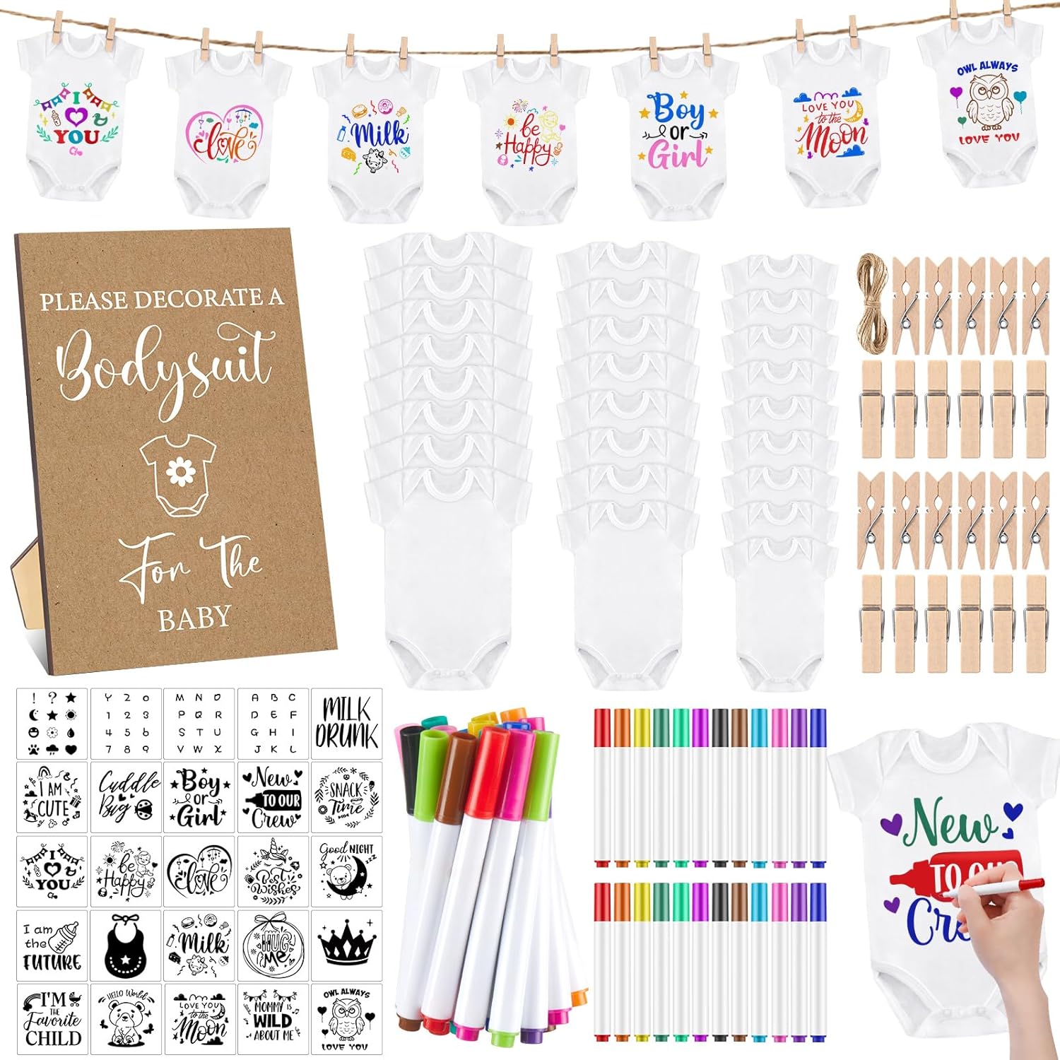 Panitay 126 Pcs Baby Shower DIY Bodysuit Set Bib 25 Blank White Newborn Bodysuit 25 Stencils 24 Marker 1 Sign 50 Pins(Kraft)