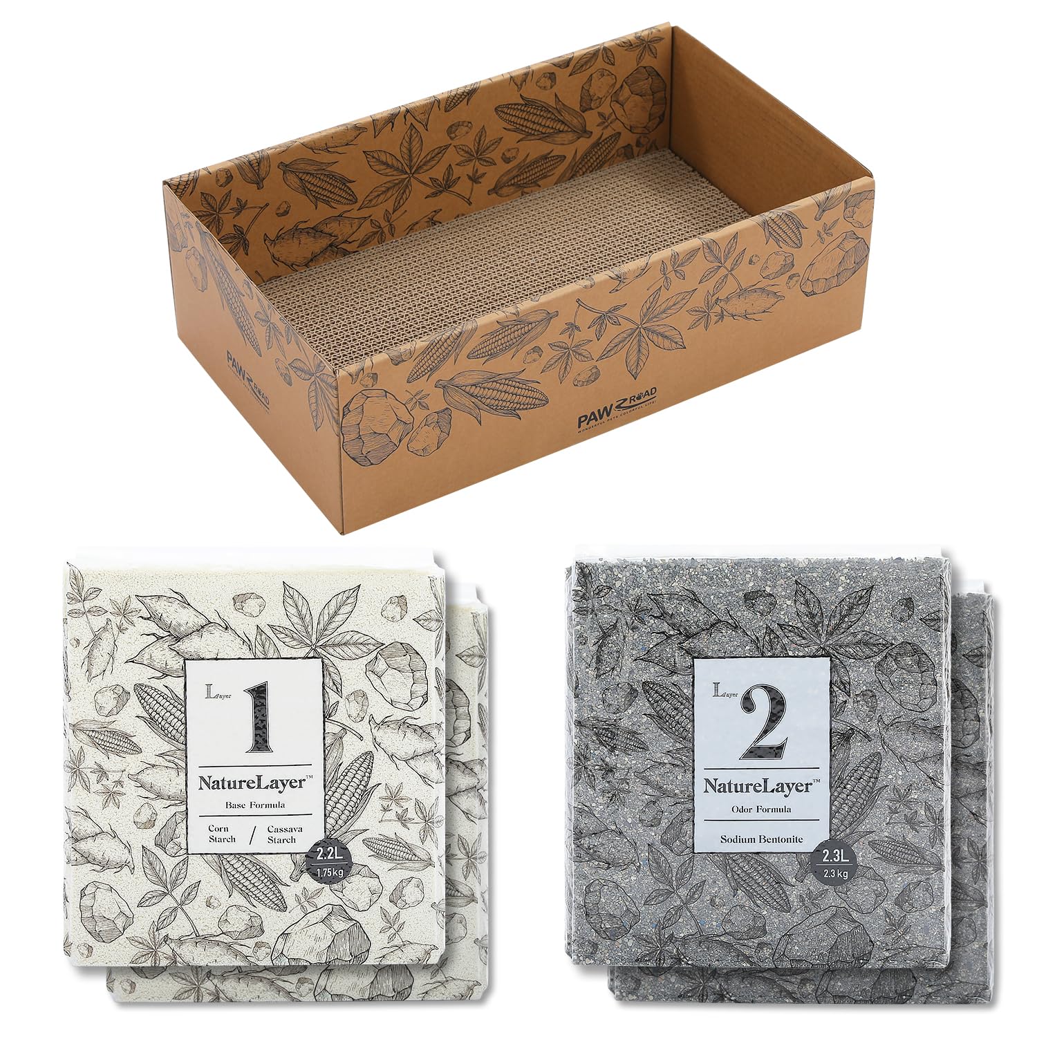 PAWZ Road Żwirek dla kota 8 kg, 2 × maniok + 2 x węgiel bentonitowy, 4 woreczki | Naukowa metoda 2-warstwowa, maksymalna kontrola zapachu i tworzenie grudek, 99,9% bezpyłowa