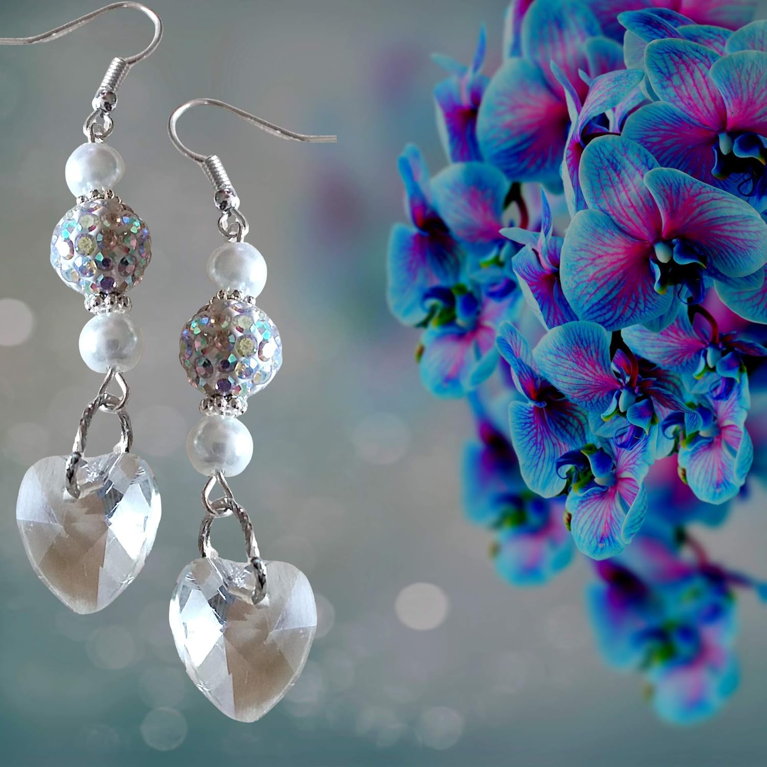 Fancy Pearl White Crystal Heart Statement Earrings - Easter Mother's Day Valentine's Day Christmas Anniversary Birthday Gift - Handmade Dangles - Image 4