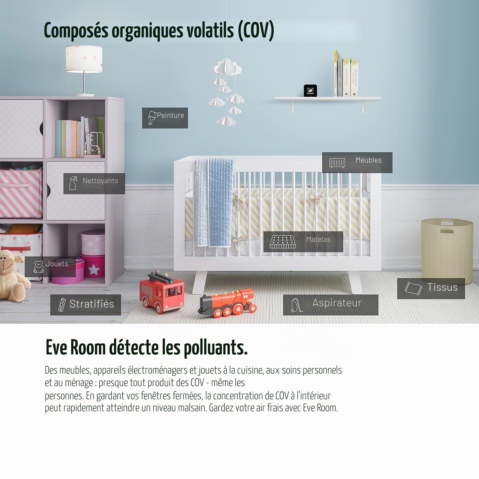 Eve Pièce : capteur de qualité de l'air pour surveiller la qualité de l'air (COV), la température et l'humidité, technologie Apple HomeKit, Bluetooth, filetage