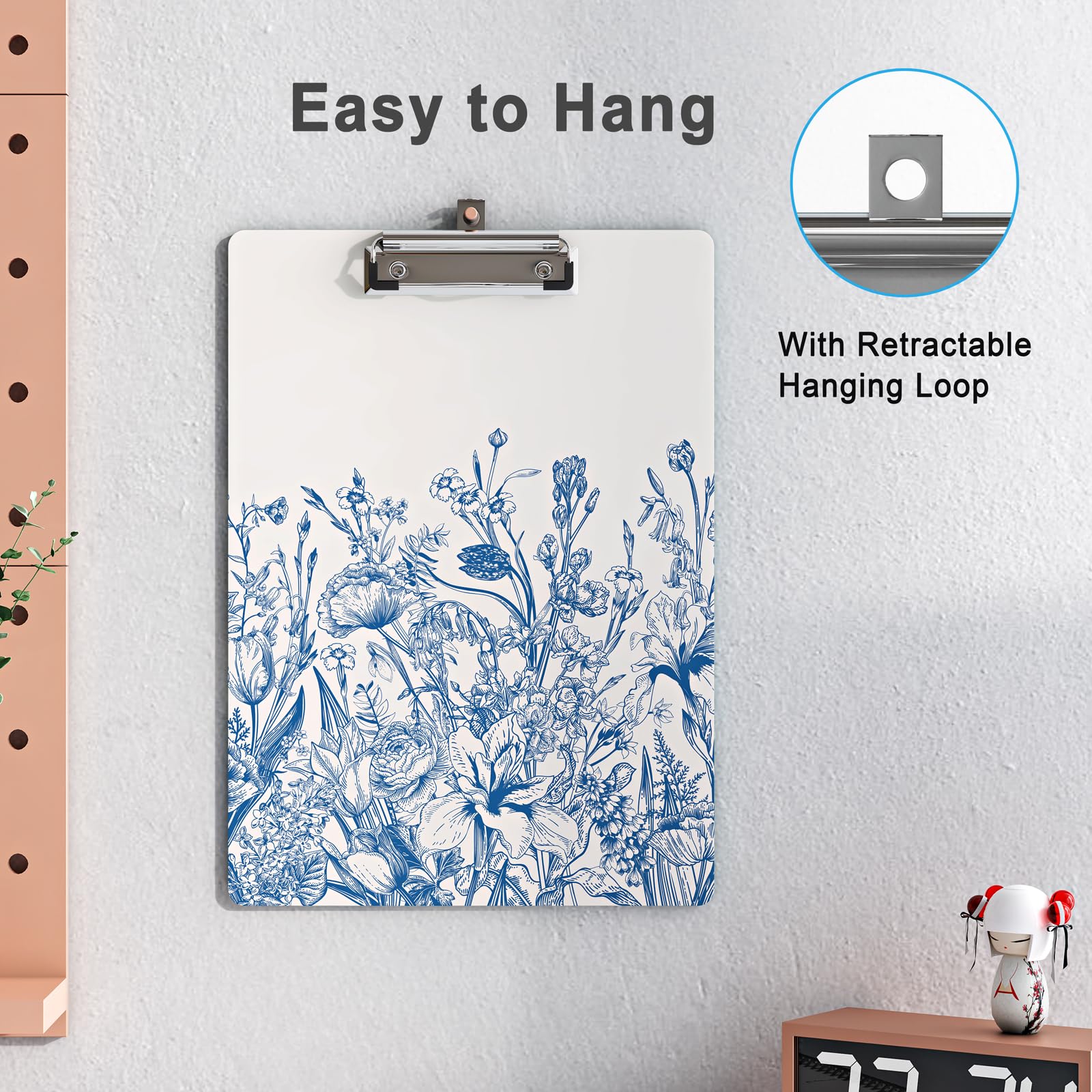 Portablocco decorativo in legno, formato A4, formato lettera, per aula e ufficio, dimensioni standard 22,9 x 31,8 cm, con clip in metallo a basso profilo, fiore blu