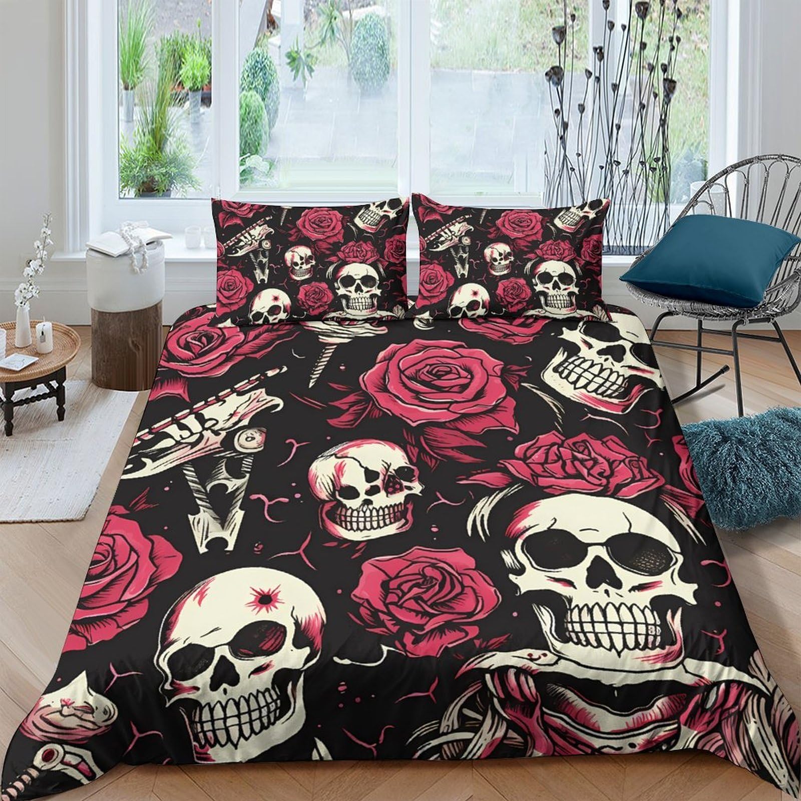 Ctjqhvkz Style-2 3D Printed Skull Rose Fitted Sheet Microfiber Soft Breathable Gothic Bed Cover For Bedroom Dorm Guest Mattress Decor Single（135X200cm）