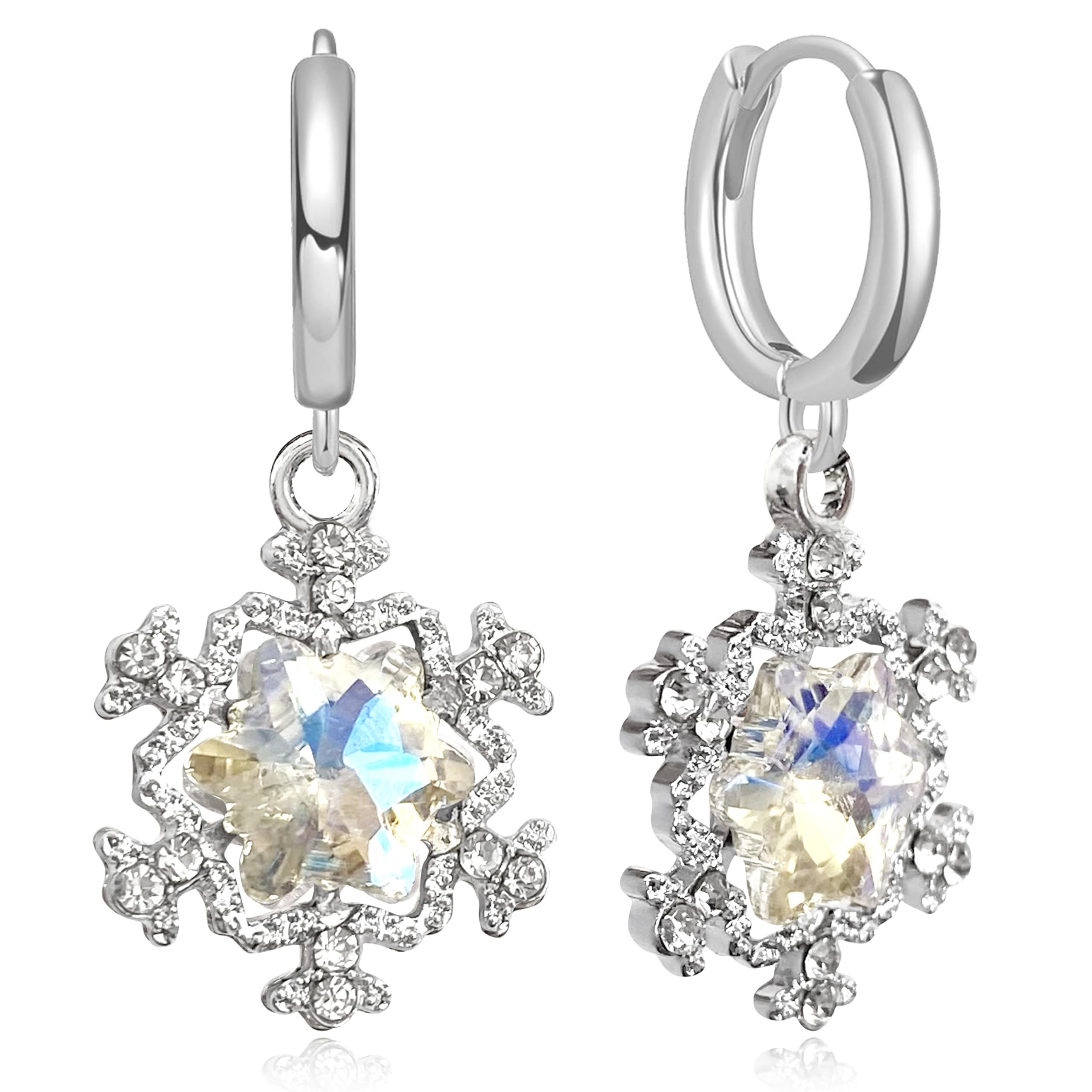 Chic Charm Rhinestone Silver Snowflake Dangle Drop Earring Elegant Sparkly Crystal Snow Flower Hoop Huggie Earrings for Women Fashion Xmas Christmas