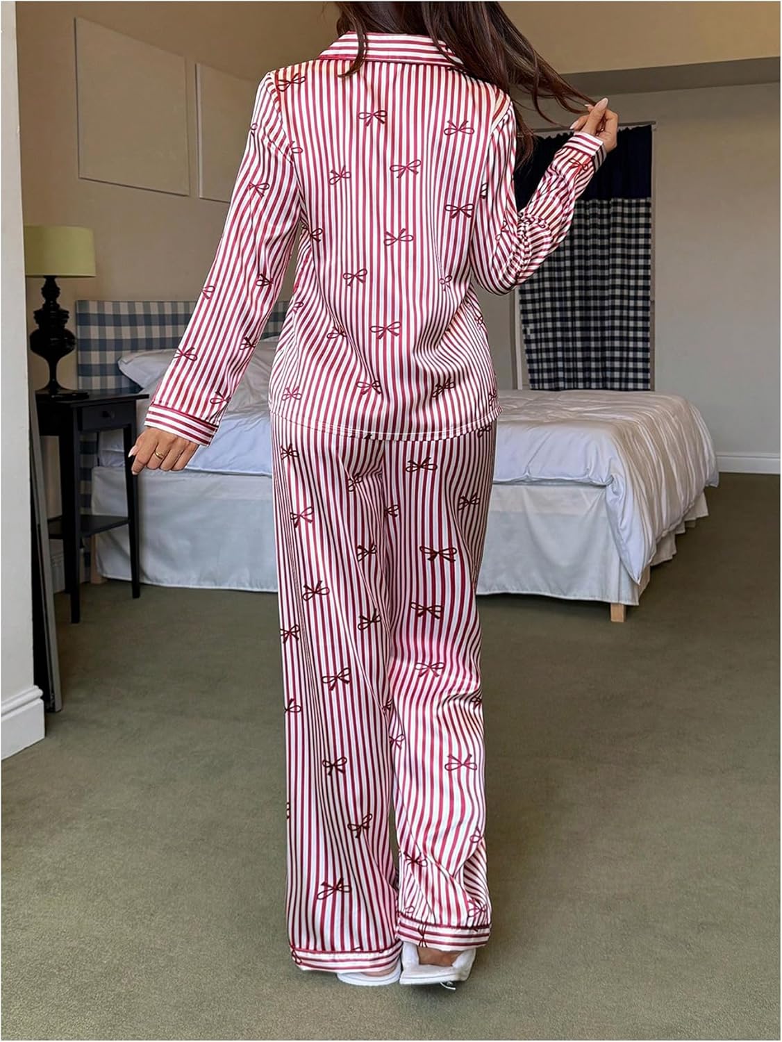 WDIRARA Women's 2 Piece Bowknot Print Satin Pajama Set Long Sleeve Button Down Lounge Pants Sleepwear Sets