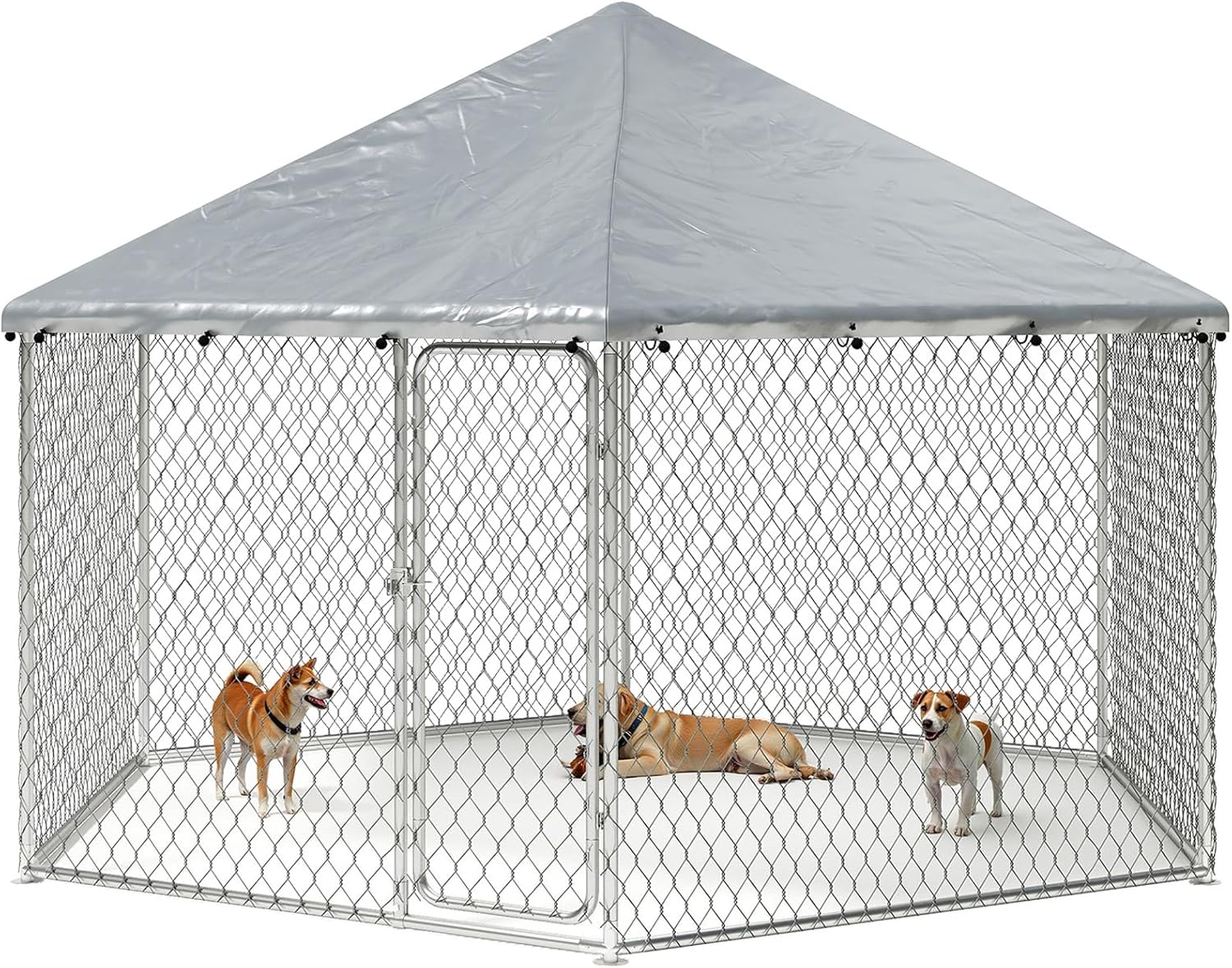 9.1x9.1 FT Extra Large Outdoor Dog Kennel Outside, Heavy Duty Outdoor Dog Enclosure with Waterproof Cover and Security Lock, Galvanized Wire mesh Hexagonal Dog Cage for Large Dogs