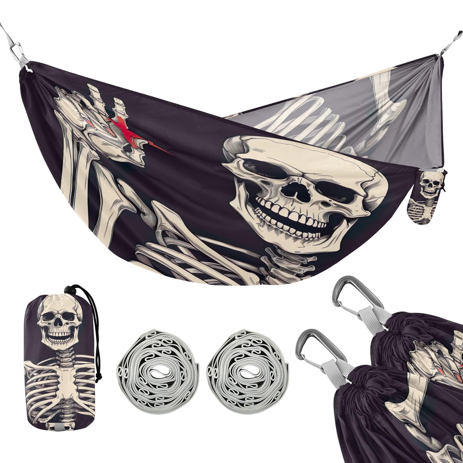 Haskirky Skeleton Camping Hammock, Single Portable Hammocks with Tree Straps & Attached Carry Bag, 330Lbs Capacity Perfect for Outside Indoor Hiking Beach Backpack Travel