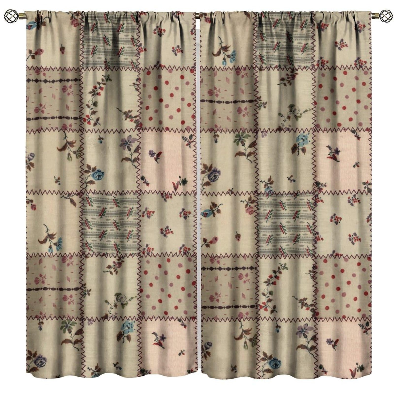 GoDazzling Country Patchwork Floral Blackout Window Curtains, Patch Boho Flowers Print Vintage Style Window Drapes, for Living Room Bedroom 42(W)*84(L