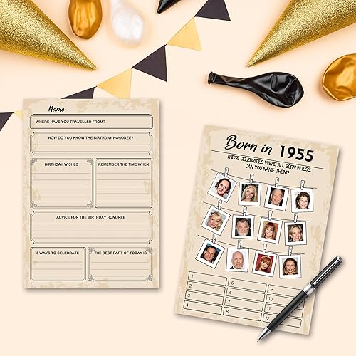 Miniatura 5 de Juegos de fiesta de cumpleaños número 70, paquete de juegos nacidos en 1955, juego de 5 actividades para 10 invitados, suministros de fiesta de