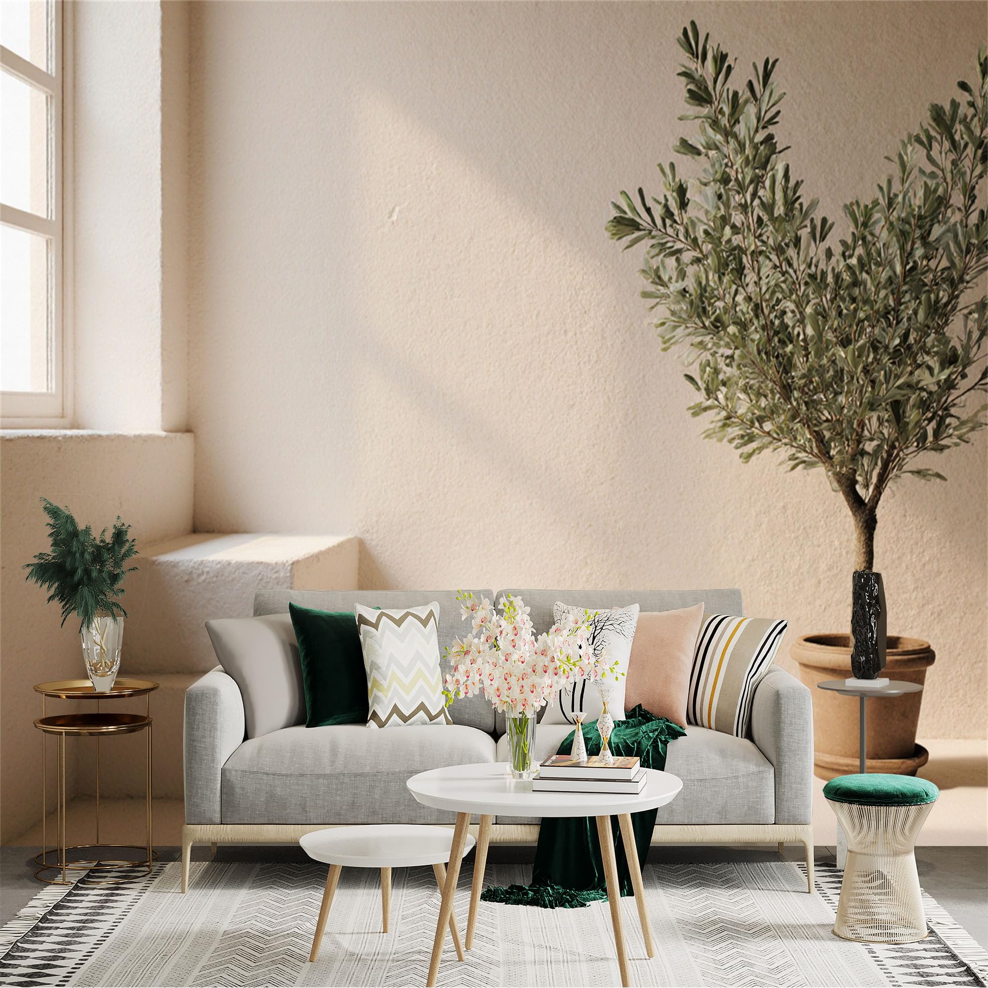 Custom Size Wall Sticker Mural， Minimalist Indoor Staircase， Sunlit Potted Plant， Warm Beige Textured Wall， Interior Aesthetic Backdrop， for wall Decoration， peelandstick wall Decals.