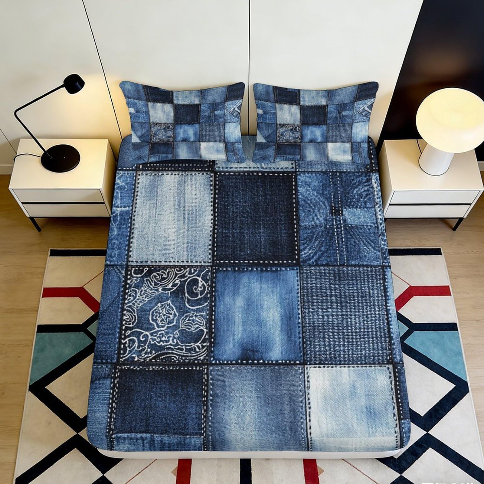 3D Printed Denim Patchwork Fitted Sheet Microfiber Blue Geometric Mattress Cover for Bedroom Guest Room Decor 90x200x25cm