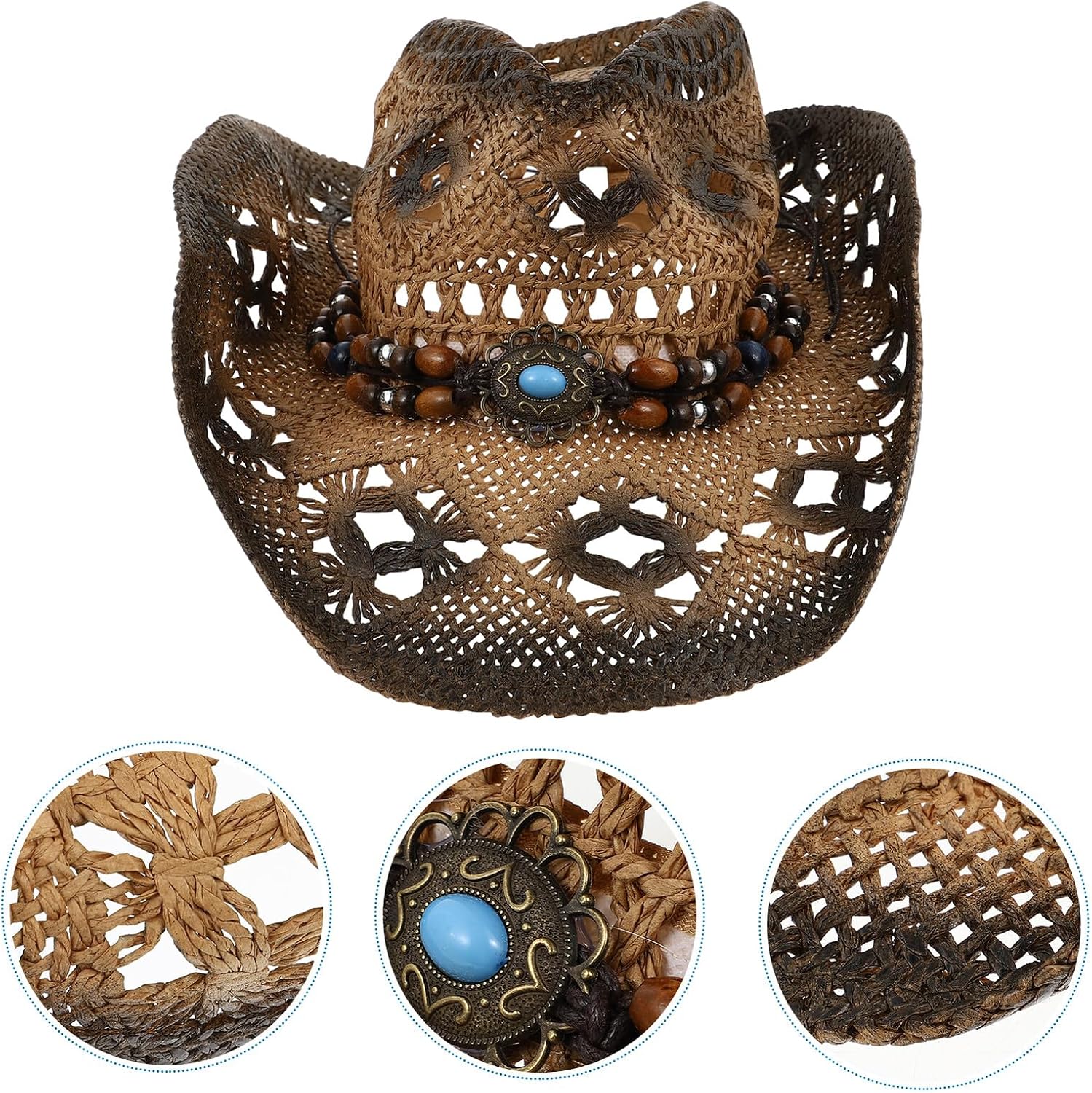 Men's Western Style Straw Sun Hat, Coffee M 56-58cm Wide Brim