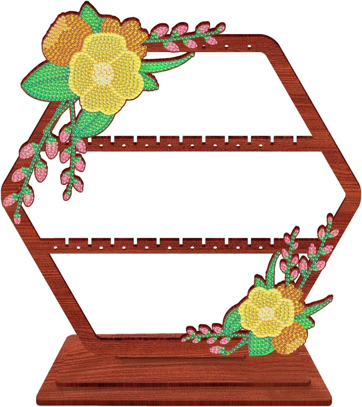 DIY Wooden Green Leaves & Yellow Flowers Diamond Art Jewelry Organizer 3-Tier Ring & Earring Display Stand Gift for Women & Girls