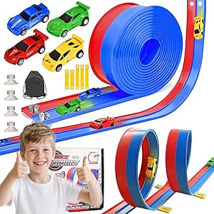 20ft Flexible Race Track for Kids with 4 Pull-Back Cars & Portable Storage Bag,4pcs Strong Suction Cups,5pcs Track Stabilizers,for 1/64 Cars,Roll Up Slot Car Race Track with Loops