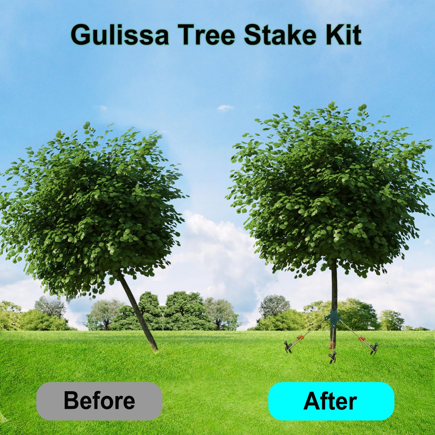 Tree Stake Kit, Heavy Duty Tree Stake Kits Include 3 PCS Steel Stakes(11.8 Inch), Tree Straps(15.8inch), and Rope (13.12 Feet) for Supports Kits for Young Trees Against Bad Weather