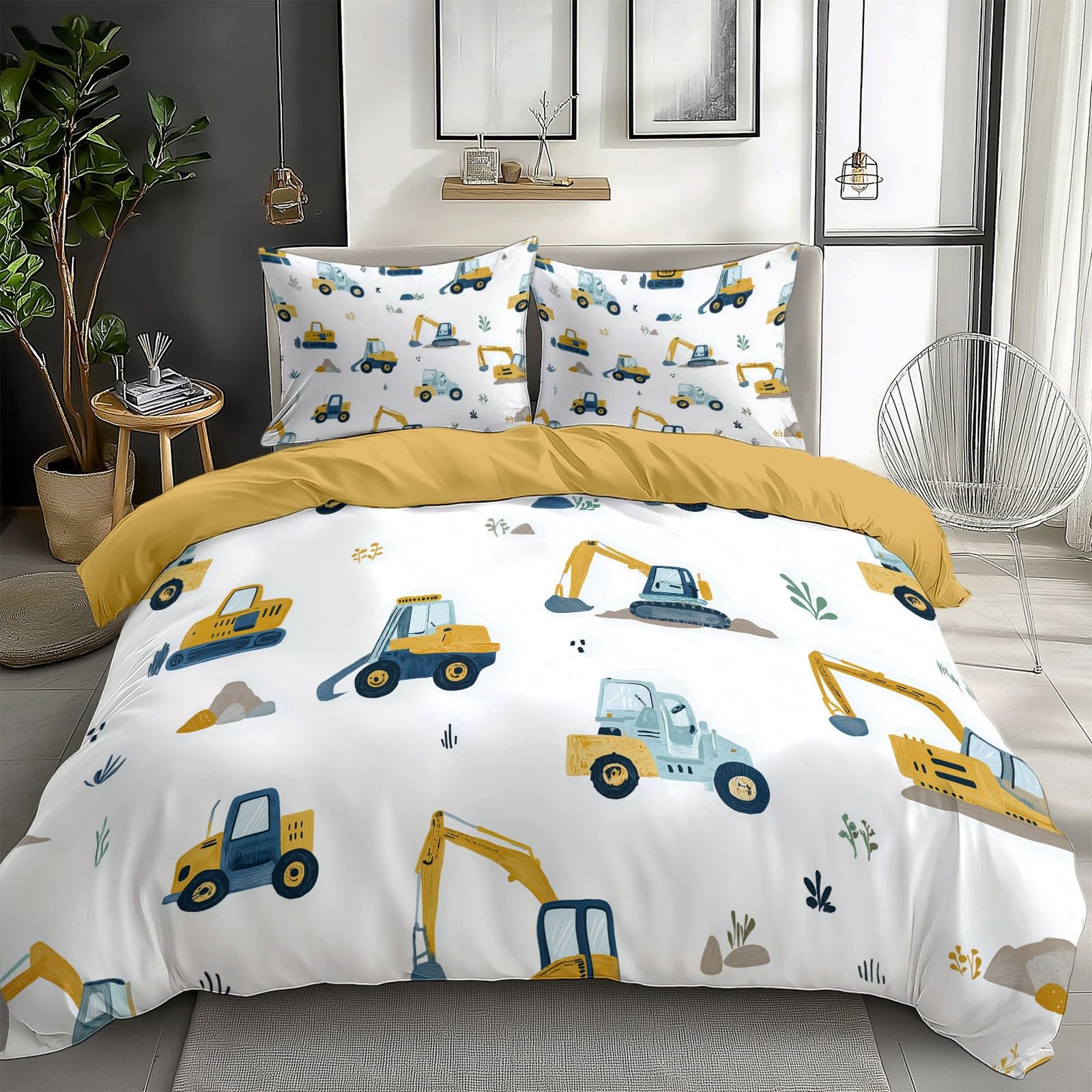Komplet pościeli z kreskówki, pojazdy na placu budowy, koparka, kamienie, 230 x 220 cm, poszewka na kołdrę dla dzieci, miękka mikrofibra, żółta poszwa na kołdrę z poszewką na poduszkę 80 x 80 cm i