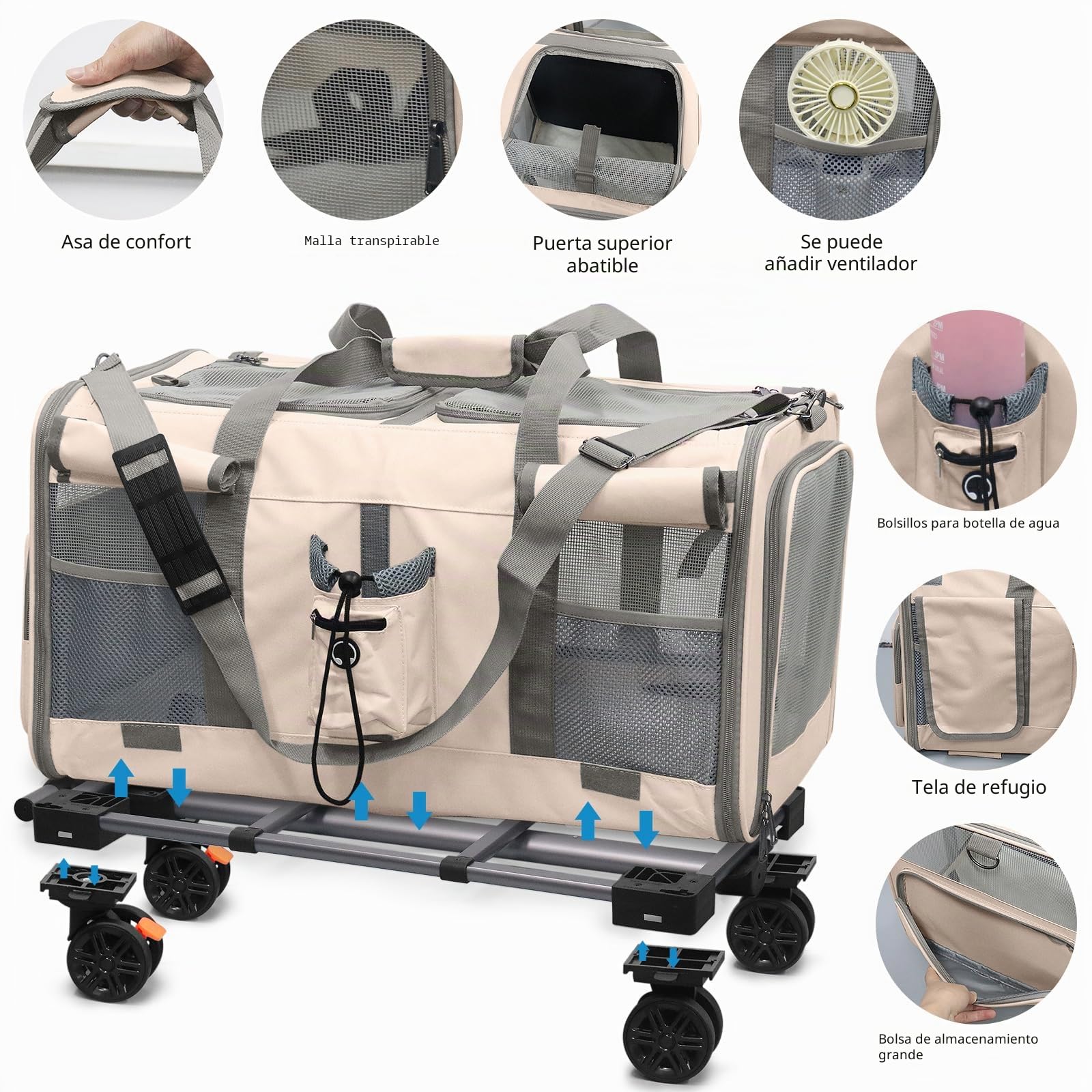 Transportín grande para gatos para 2 animales, transportador plegable con ruedas, compartimentos desmontables 2 en 1, con varita para gato y correa de almacenamiento