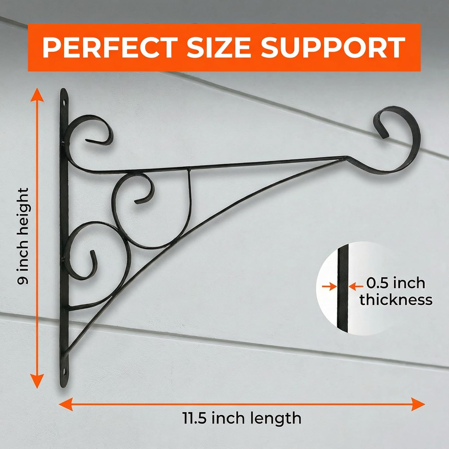 Scroll Metal Wall Bracket with Curled Hook for Hanging Accessories and Flowerpots for Indoor & Outdoor Use, Black Set of 2