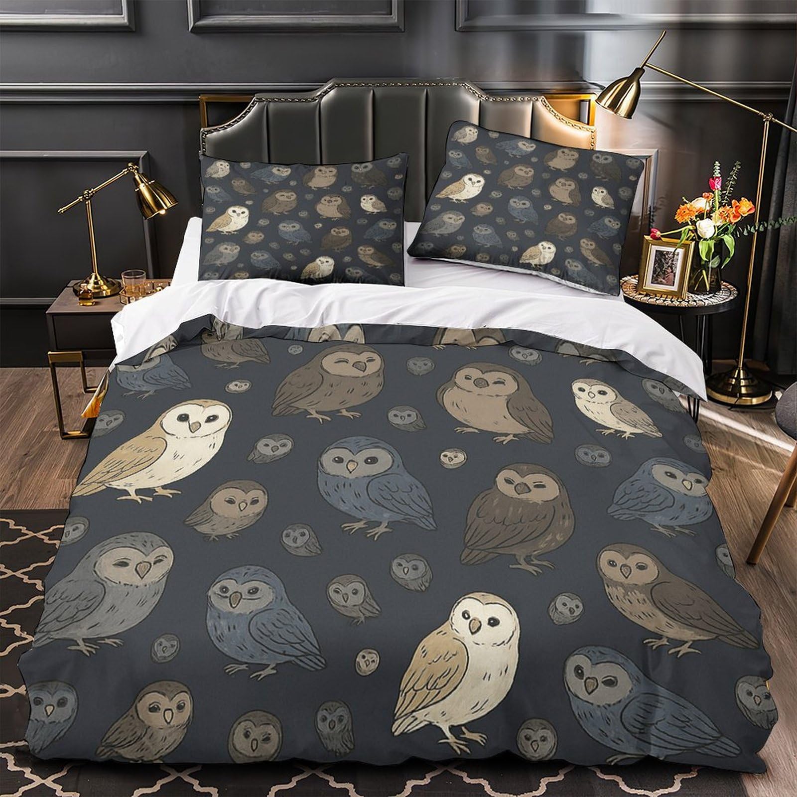Housse de couette hibou parure de lit 135x200 pour chambre enfant et ado