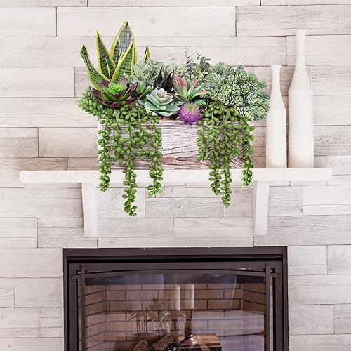 Miniatura 5 de 14 piezas surtidas suculentas artificiales en macetas rectangulares de madera, arreglo de plantas suculentas artificiales en maceta para centro de