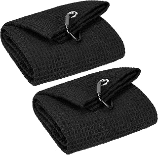 VIVIDLY 2-Pack 16x24" Tri-Fold Microfiber Golf Towels with Carabiner Clip - Super Absorbent Waffle Pattern for Golf Bags (Black)