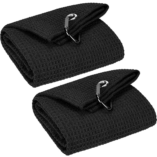 VIVIDLY 2 Pack 16" x 24" Tri-fold Golf Towels, Premium Microfiber Fabric Waffle Pattern with Black Heavy Duty Carabiner Clip, Black Golf Towels for Golf Bags for Men (Black)