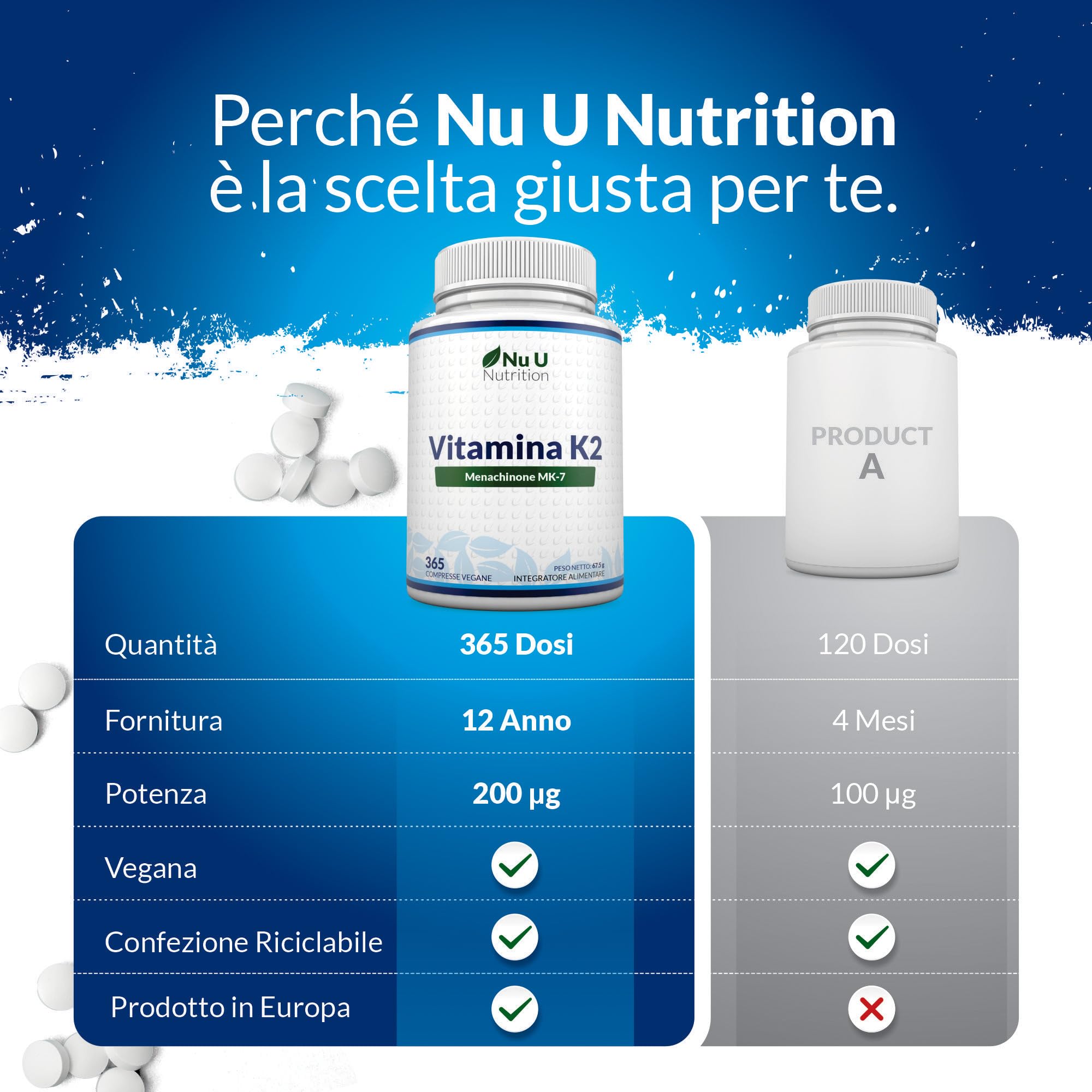 Vitamina K2 MK7 200mcg - 365 Compresse Vegane - 1 Anno di Scorta - Alta Concentrazione di Vit K Menachinone MK-7 da Natto - Prodotto in Europa - Nu U Nutrition