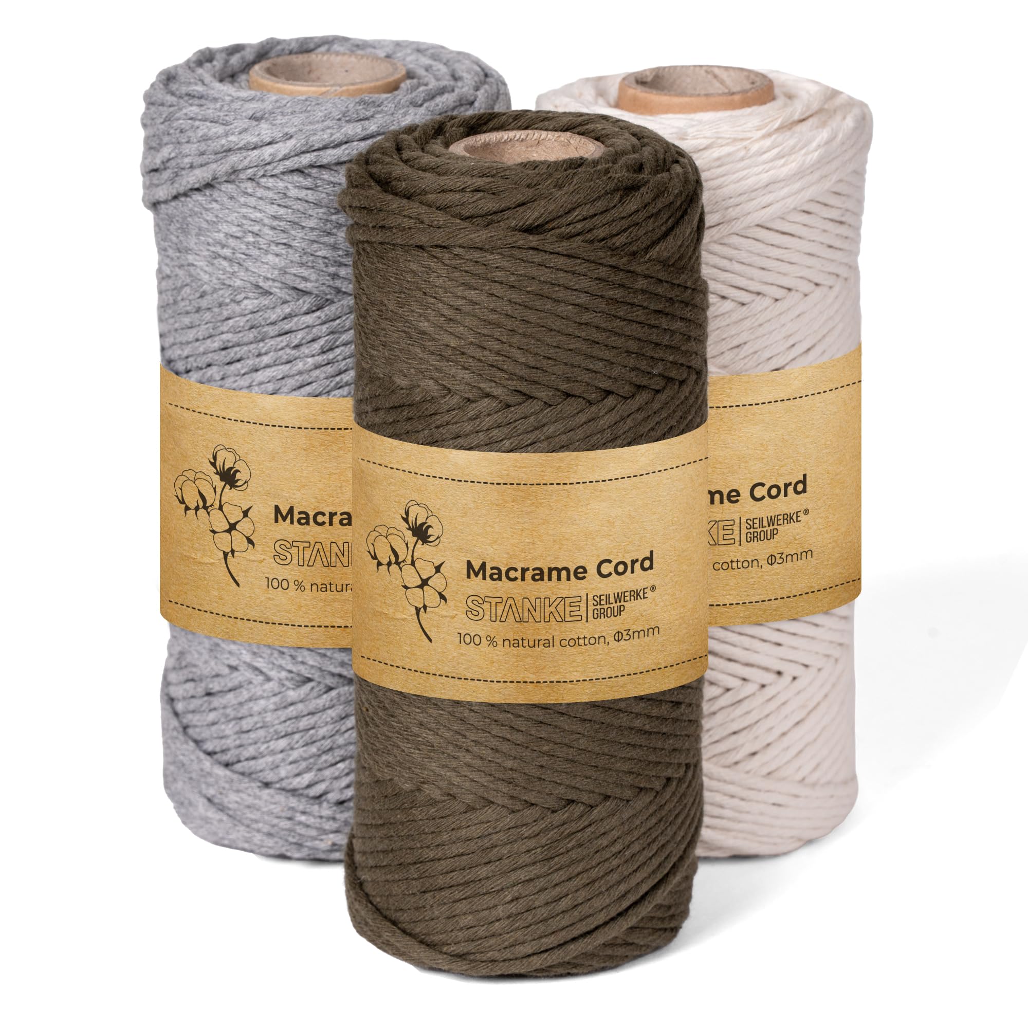STANKE Makramee Garn 3mm Set 3x100 m - Farben: Natur, Grau, Olivgrün - Baumwollgarn für Boho-DIY, Körbchen, Traumfänger - Baumwollkordel für Untersetzer, Taschen - 100% Baumwolle, gedreht, weich