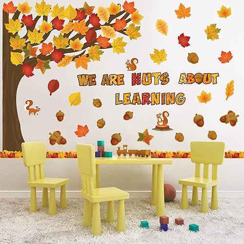 Miniatura 6 de B1ykin Juego de 178 piezas de decoración de tablón de anuncios de aprendizaje de nueces de otoño, hojas de arce de otoño, recortes de bienvenida,