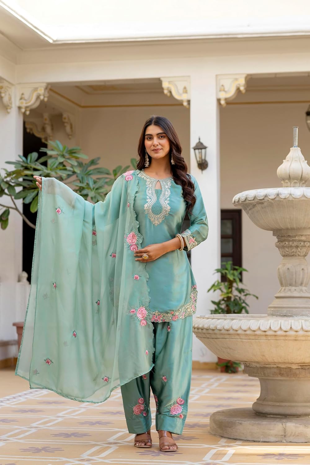 Women Patiala Suit Set Japan Satin Kurti with Dhoti Dupatta Punjabi Festive Wedding Wear Outfit