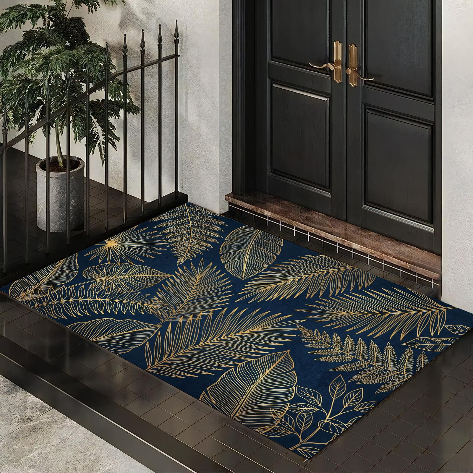 Zerbino Ingresso Interno Texture Fogliare Di Lusso, Zerbino Di Benvenuto Lavabile Morbida Retro Tropical Plants, Antiscivolo Tappeto Da Decorazioni Nero Per Casa Porta D'Ingresso, 90X150Cm