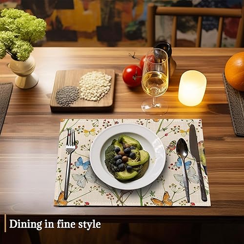 Miniatura 6 de Juego de 6 manteles individuales de lino vintage, naturaleza con pájaros y mariposas, manteles individuales modernos lavables de 12 x 18 pulgadas,