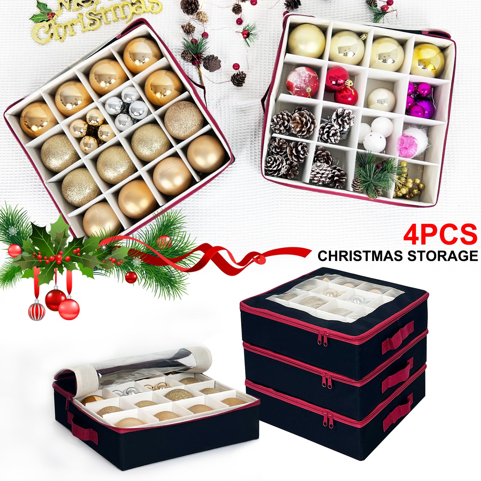 Caja de almacenamiento de adornos de bolas de Navidad con divisores, 4 organizadores plegables de decoraciones de Navidad con 2 asas y tapas para vacaciones (negro)