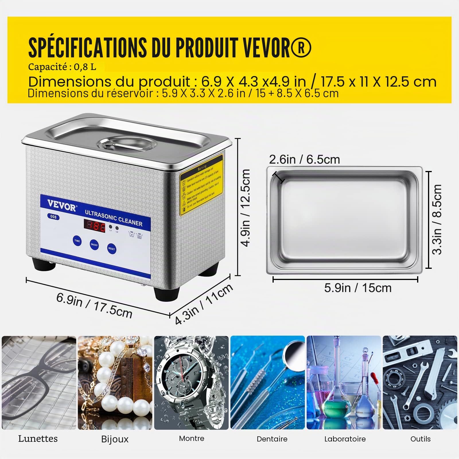 VEVOR Machine de Nettoyage à Ultrasons 0,8 L, Professionel ,Écran Affichage LED 220 V, Nettoyeur Acier Inoxydable pour le Nettoyage des Bijoux Pièces de Monnaie Lunettes