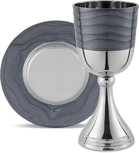 Zion Judaica - Lujoso juego de tazas Kidush en caja de regalo, níquel pulido y esmalte (gris oscuro) Elegante copa de vino de 5.75 pulgadas y