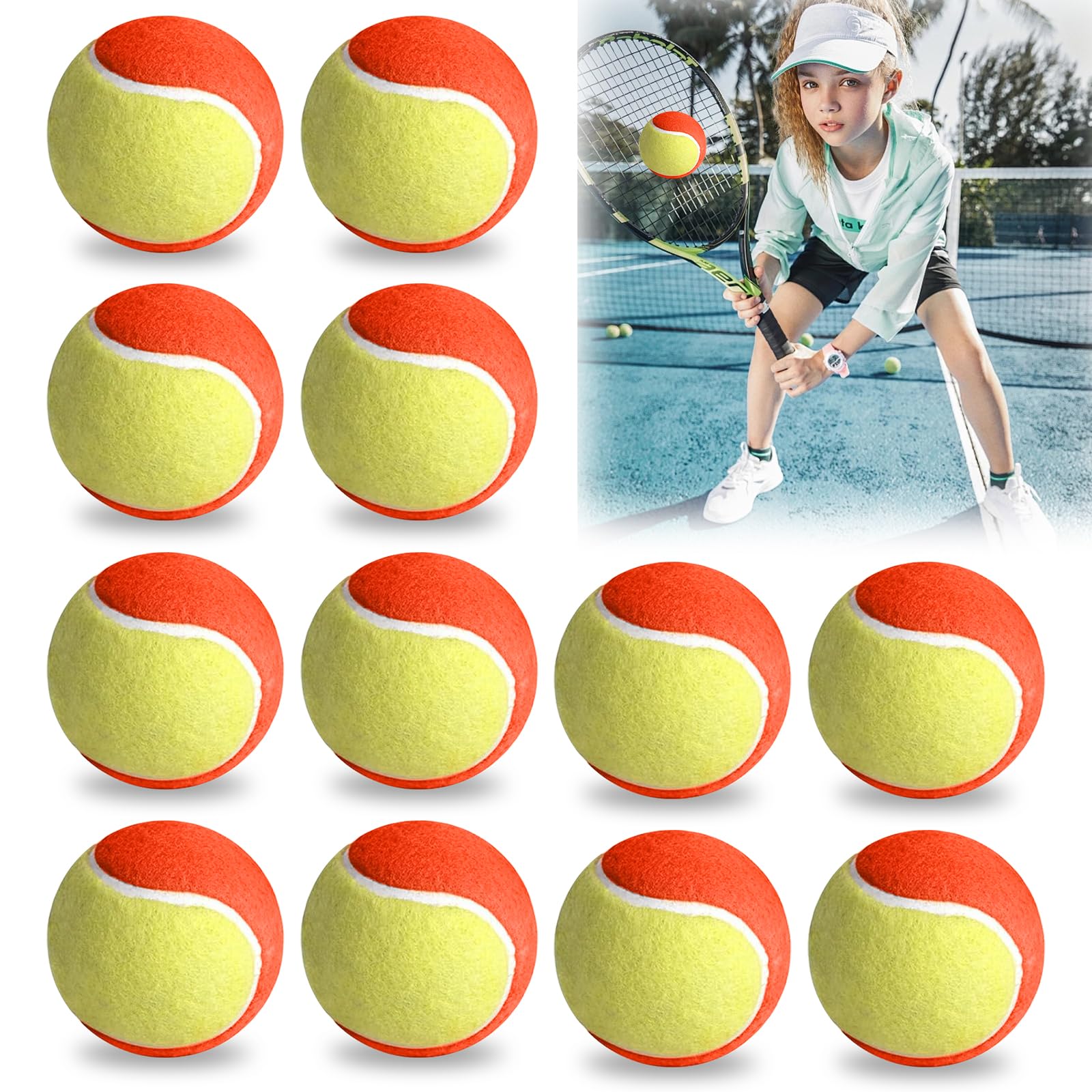 Erzekrim Tennisbälle Tennisball Anfänger Stage 3 Balls Sports Training Tennis Tennisbäll Kinder 12 Stück,mit Tragetasche,für Tennis Unterricht,Ballmaschinen und Hundespaziergänge (Orange Gelb)