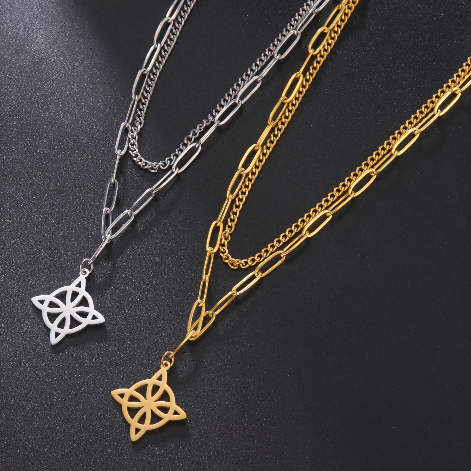 Triquetra Dwuwarstwowy naszyjnik z symbolem czarownicy – trójca celtycki węzeł ochronny, amulet, biżuteria dla kobiet i mężczyzn